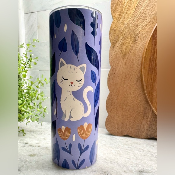 Unbranded Other - New White Cat w/ Flowers Purple Stainless Steel Metal Travel Cup Tumbler - 20oz